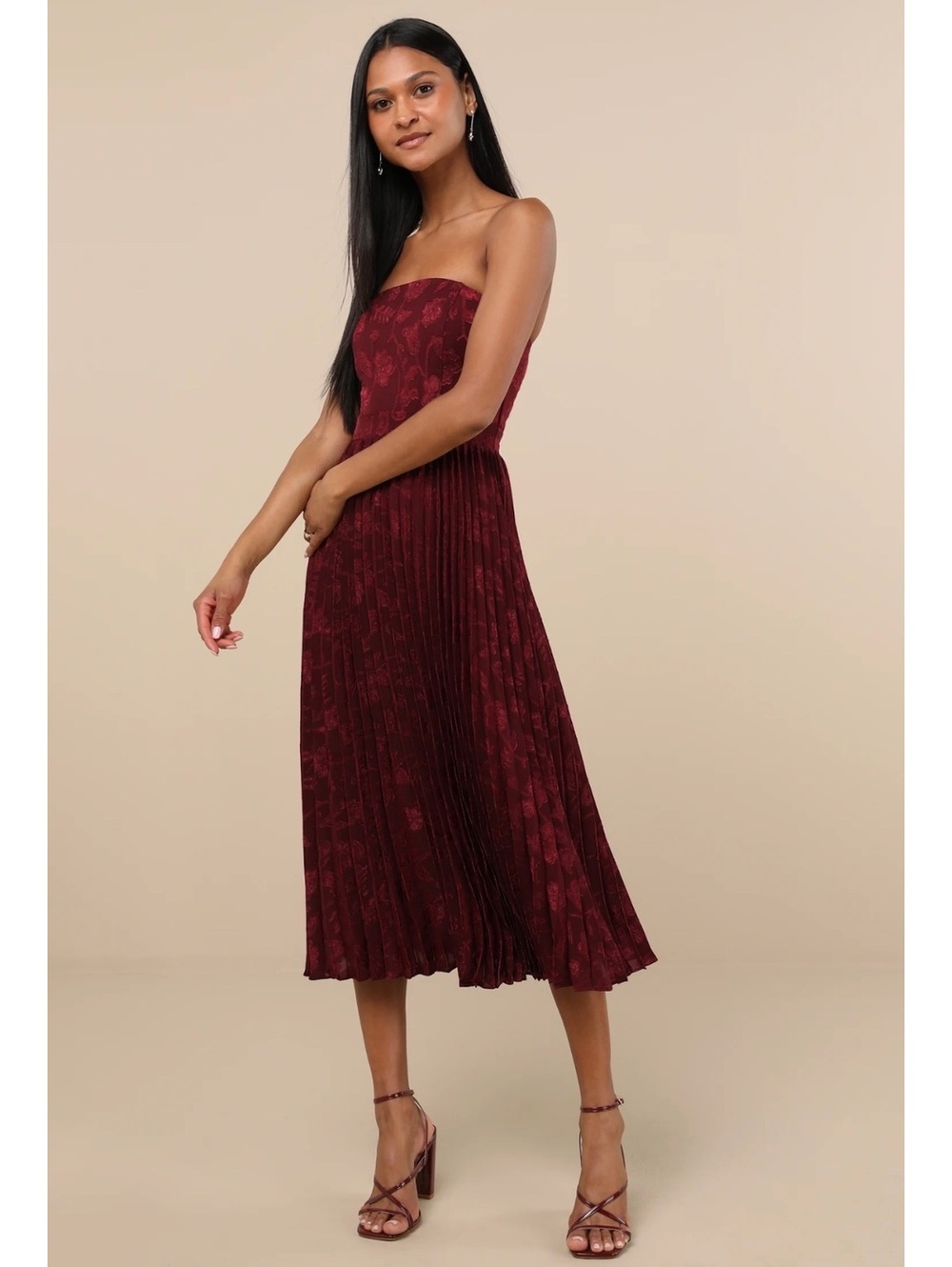 NWT Lulus Perfectly Stunning Burgundy Jacquard Strapless Midi Dress Small